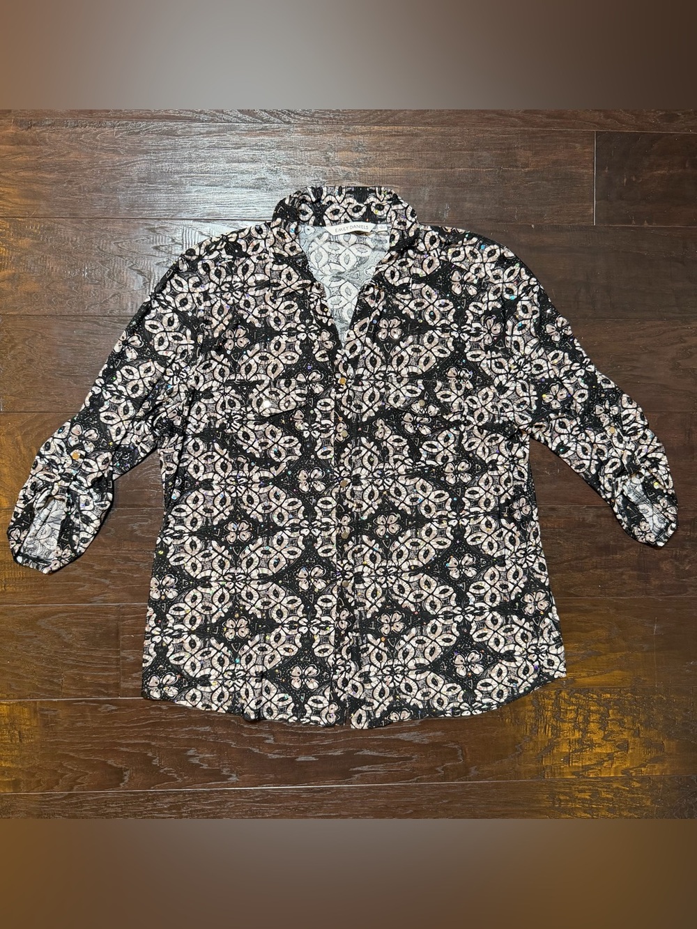 Emily Daniels Rhinestone Abstract Print Button Front Shirt Top Large - Picture 2 of 13